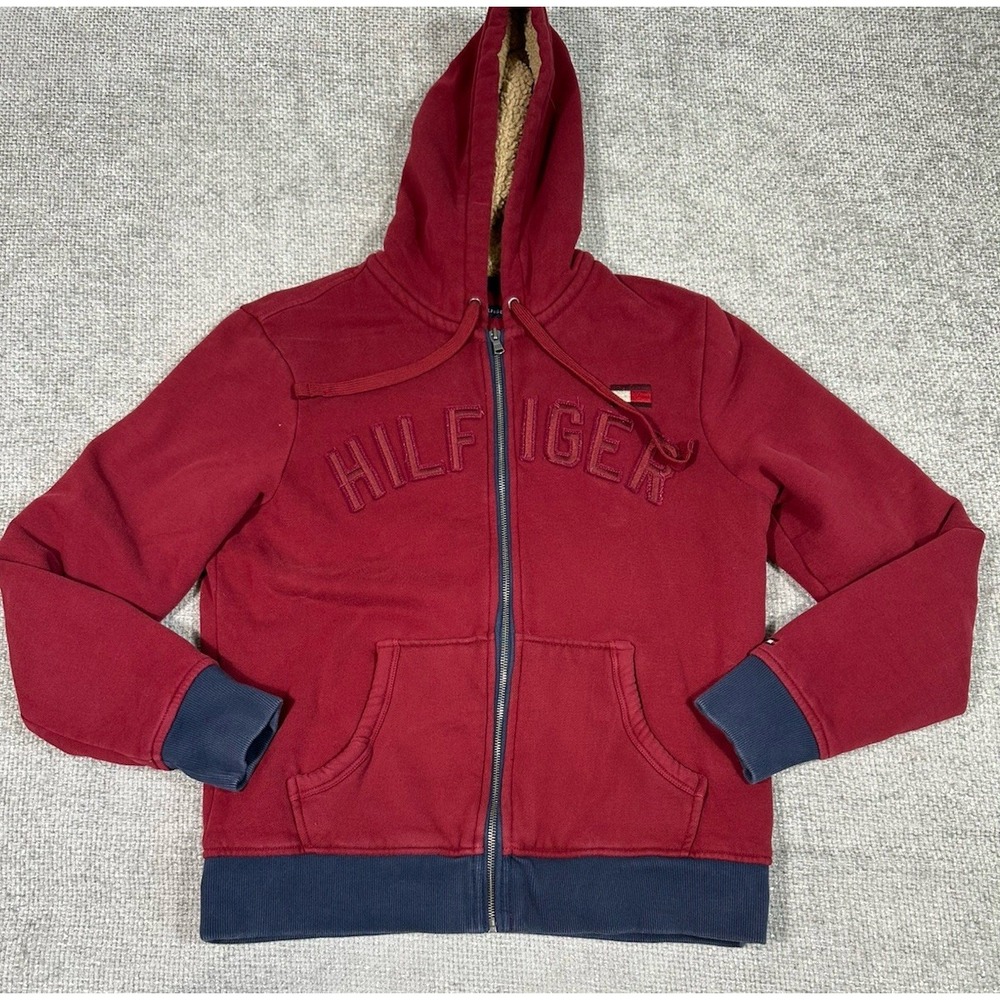 Tommy Hilfiger Hoodie Mens‎ Small Red Spell Out Sherpa Line Y2K Heavyweight